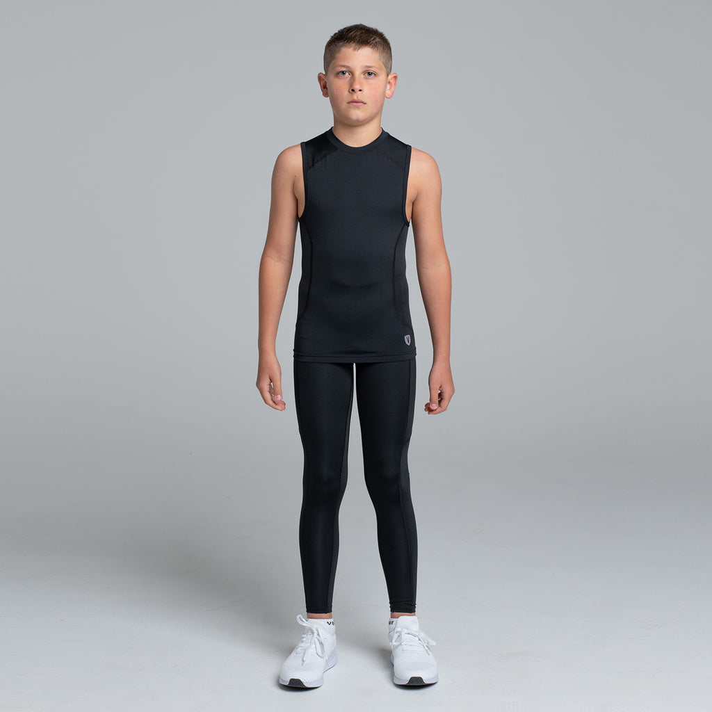 Boys Compression Set - Sleeveless Shirt & One Leg 3/4 Pants For Sports & Active Wear