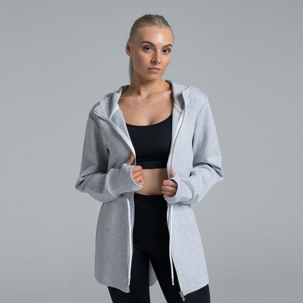 Valour Active Breathe Out Zip Longline Hoodie - Grey Marle